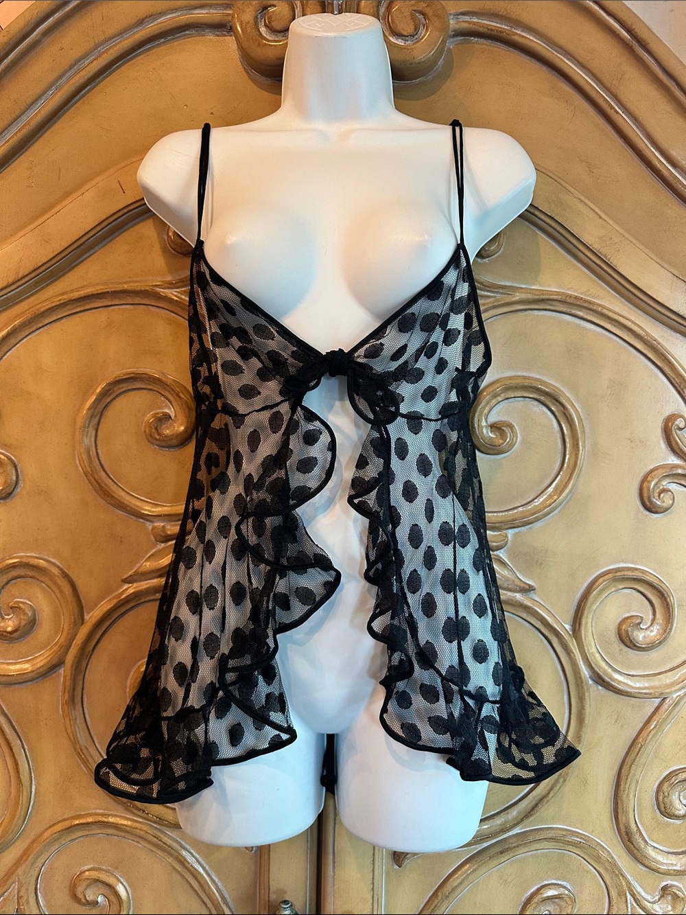 Vintage Glydons Hollywood Sheer Polka Dot Ruffle Babydoll Chemise - Black